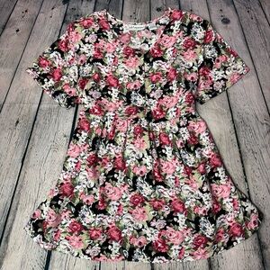 Oh! Mamma Vintage 90s Black w/ Pink Floral Rayon Babydoll Top Maternity Sz Large